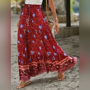 Light Blue Floral Print Low-Rise Tiered Boho Linen Maxi Skirt main image 1